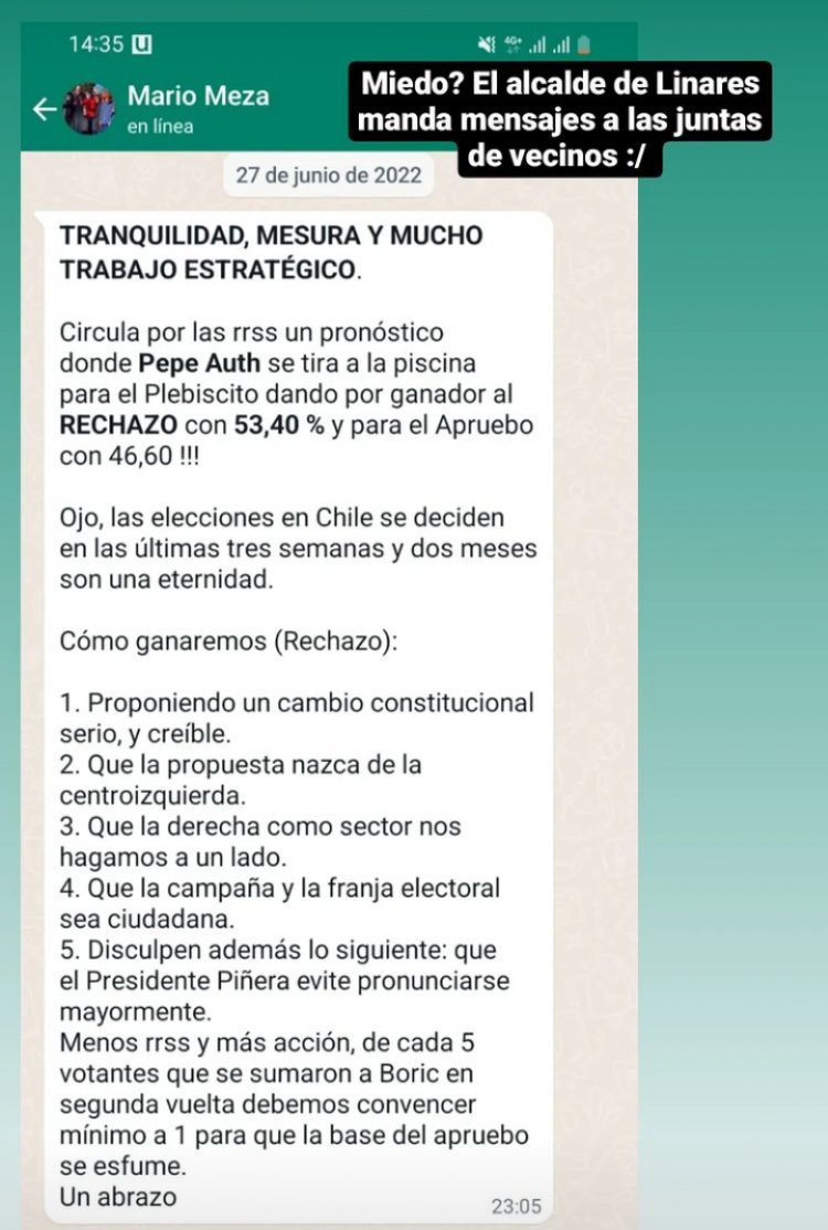 Filtran supuesto mensaje de alcalde de Linares apoyando la opción Rechazo en el marco del Plebiscito Constitucional de Salida