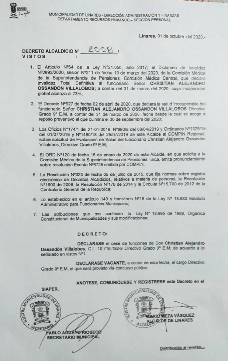 Confirman que desde el 01 de octubre Christian Ossandón dejó de ser funcionario de la Corporación Municipal de Linares