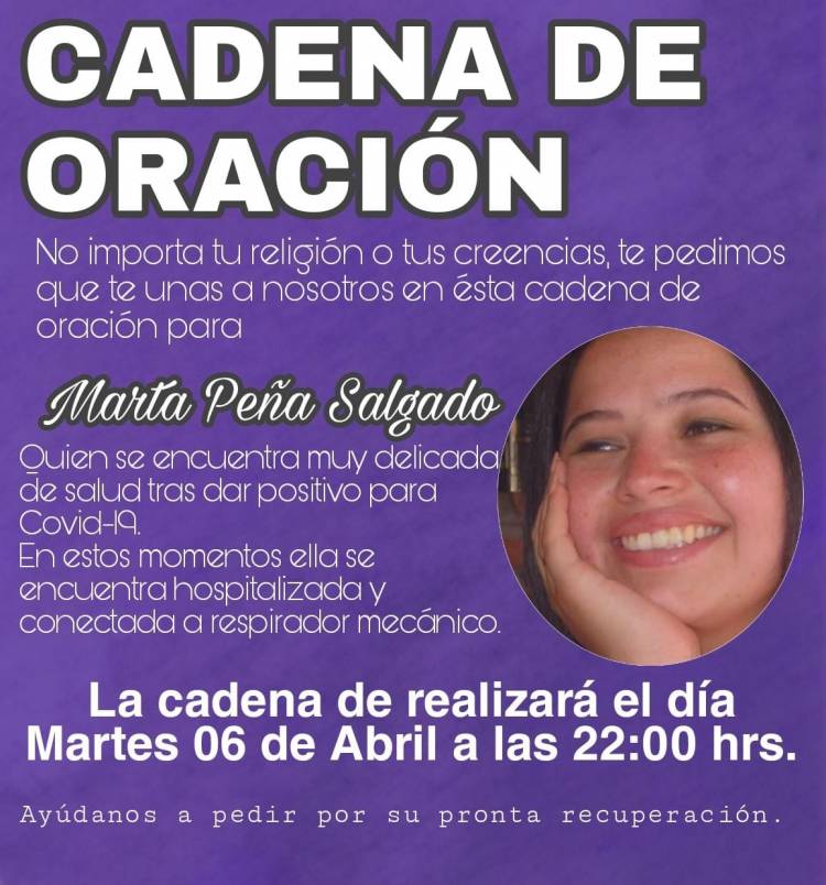 Convocan a cadena de oración por la salud de Marta Peña Salgado